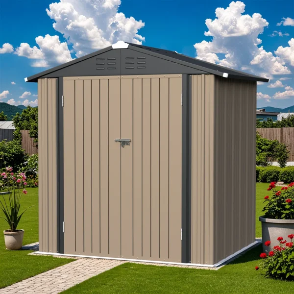 product-6x4-metal-shed-brown-scene-img-close-door Patiowell 6x4 Metal Shed with Peak Roof (Brown)