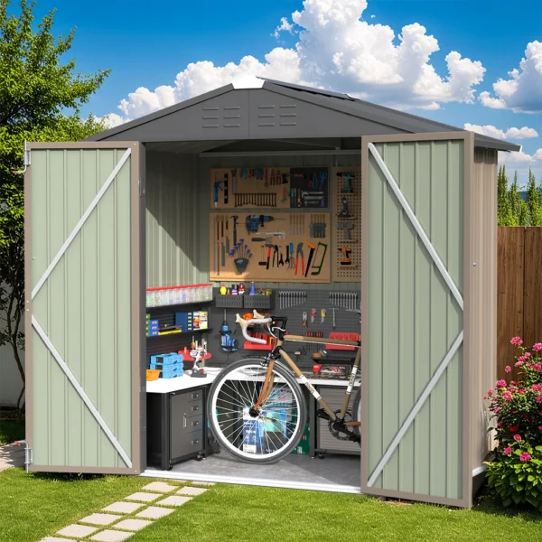 product-6x4-metal-shed-brown-scene-img-open-door Patiowell 6x4 Metal Shed with Peak Roof (Brown)