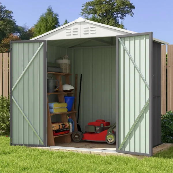 product-6x4-metal-shed-gray-scene-img-open-door Patiowell 6x4 Metal Shed with Peak Roof (Gray)